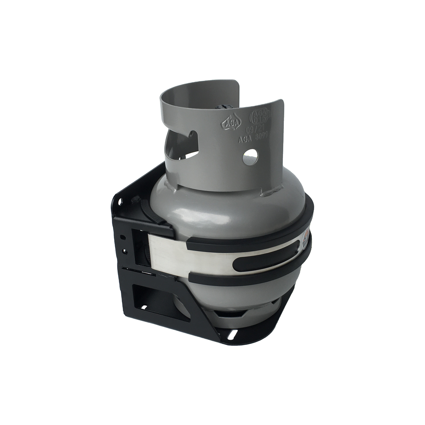2kg gas bottle holder – powder-coated steel rear or base mount with stainless steel strap and lockable latch