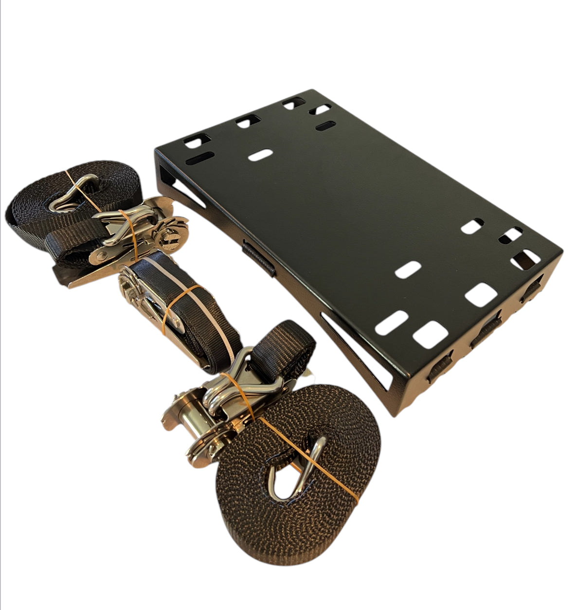 Top End spare tyre mount bracket with heavy-duty ratchet straps – black powder-coated steel for gas bottle holders