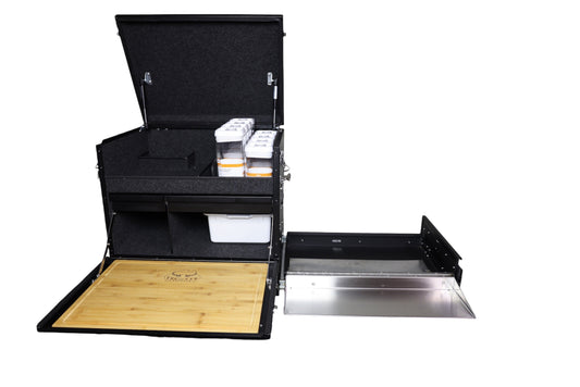 The Longhaul Camp Kitchen – premium compact 4WD camping kitchen with stove drawer, bamboo chopping board, dry goods canisters and wash-up dish