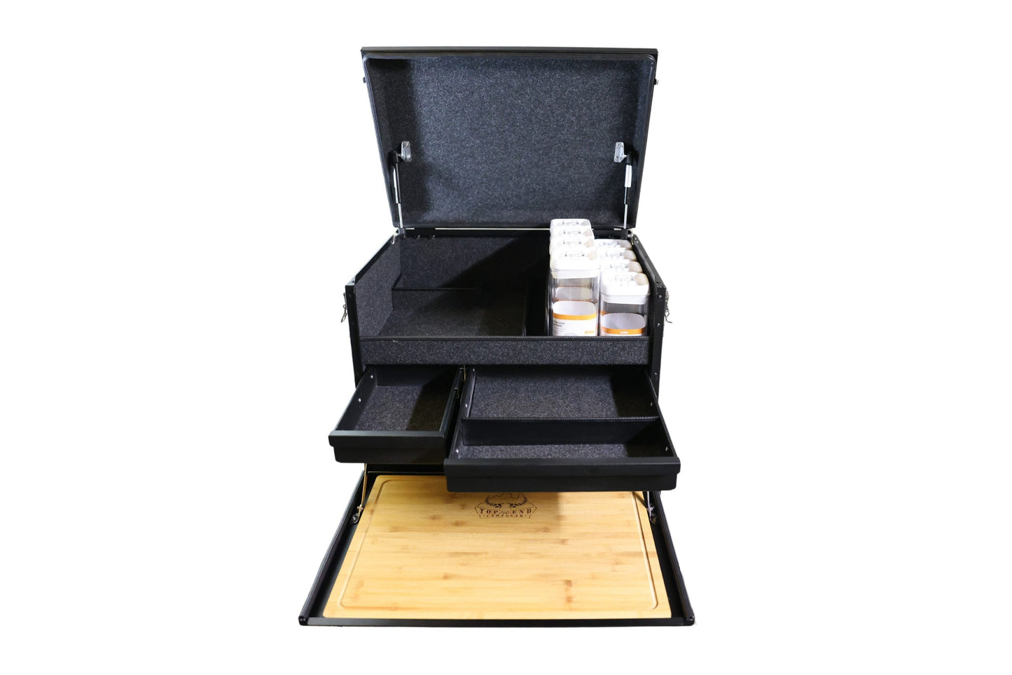 The Longhaul Camp Kitchen – 4WD and camping kitchen with bamboo chopping board, open cutlery drawers, plate drawer and dry goods canisters