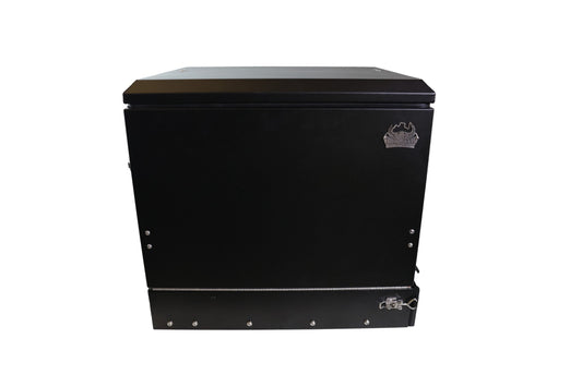 The Longhaul Camp Kitchen closed – compact black powder-coated aluminium outdoor kitchen for 4WD and camping