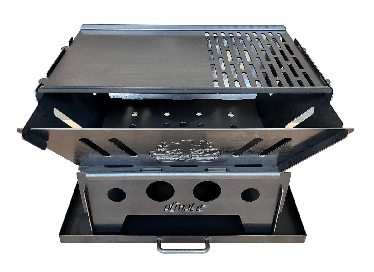 Top End Campgear Ol Mate flat pack camping fire pit with mild steel BBQ plate and rotisserie spit setup