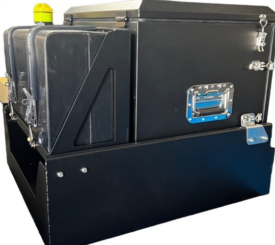Top End Campgear Longhaul Camp Kitchen installed on the Low Mount Slide with the optional Water Tank fitted for ute canopy storage.