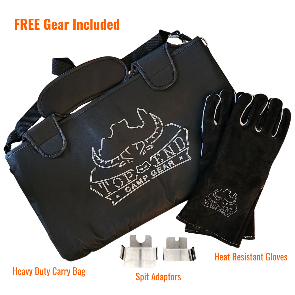 Ol Mate fire pit free gear included carry bag heat resistant gloves and spit adaptors