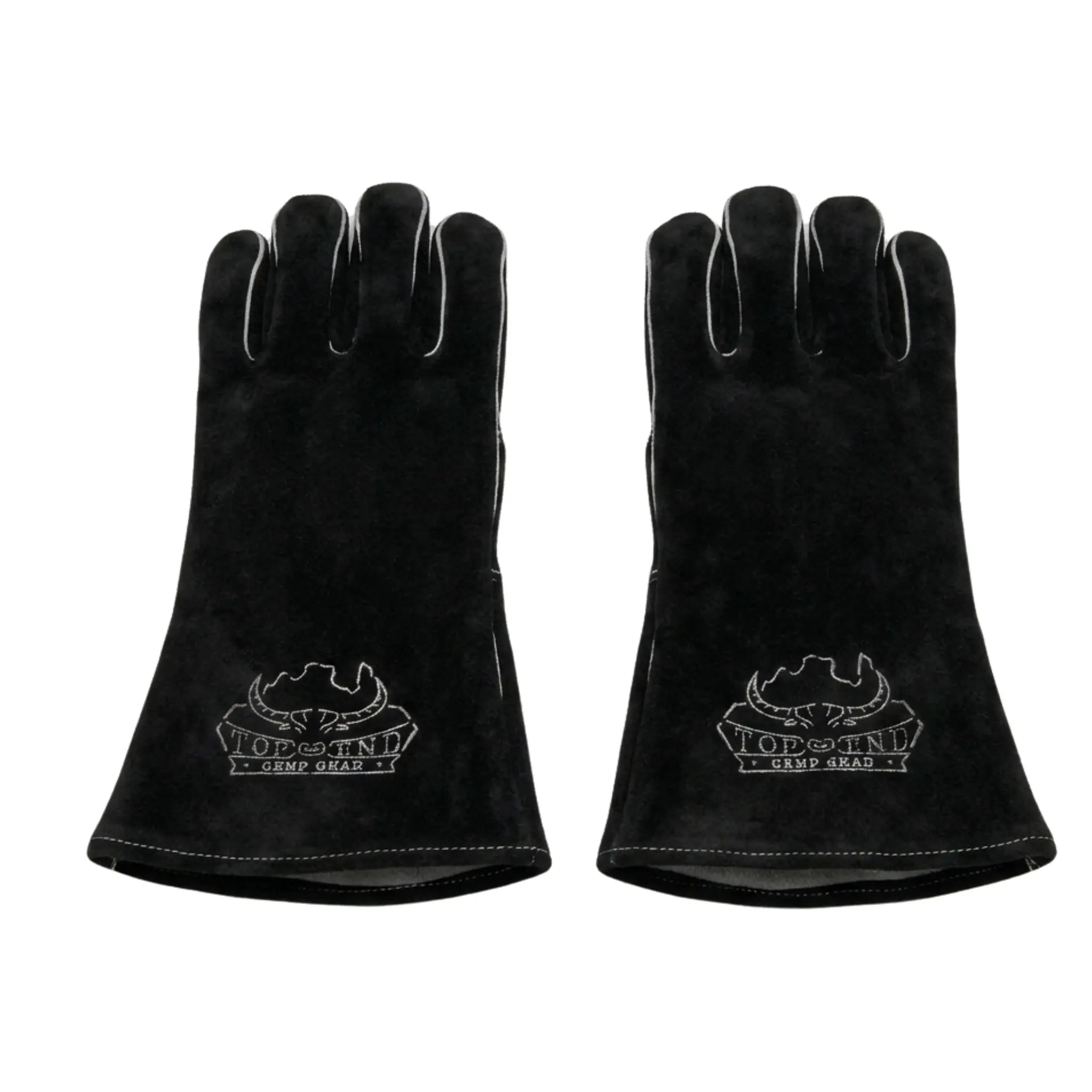 Heavy duty black leather firepit gloves with Top End Camp Gear logo.